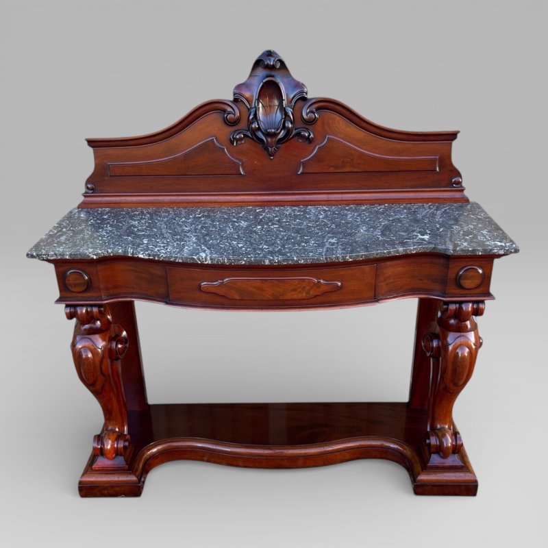 Antique Victorian Mahogany & Marble Topped Carved Console Wall Table With Drawer - Image 4